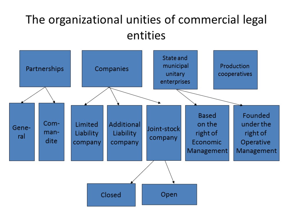 The organizational unities of commercial legal entities Partnerships Companies State and municipal unitary enterprises